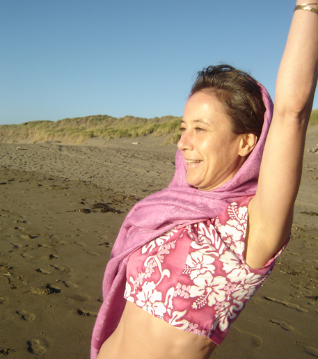 Sophie Phelps practicing yoga at Salmon Creek Beach, Bodega Bay